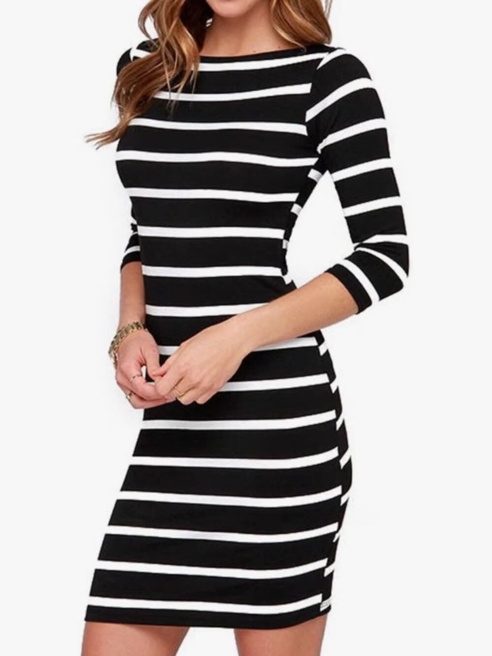 Women's 3/4 Sleeve White Black Striped Mini Bodycon Dress (S)